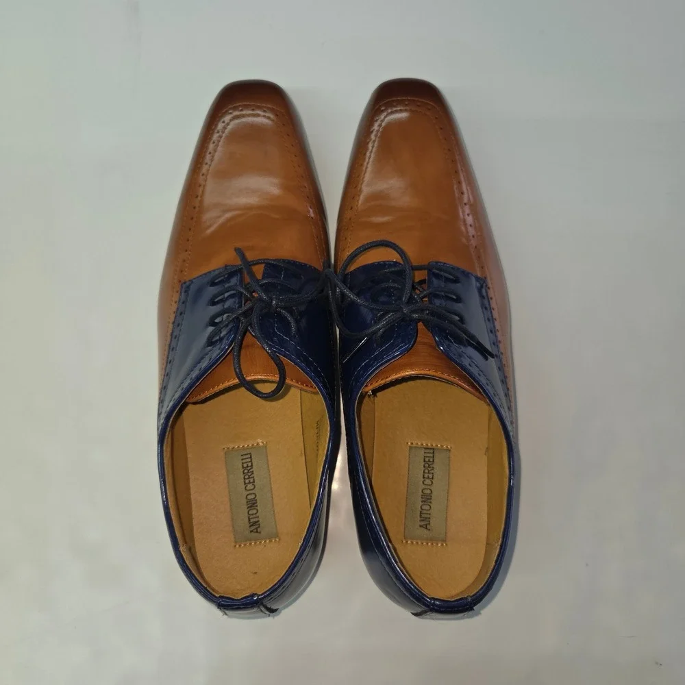 Antonio Cerrelli Oxford‎ Dress Shoes Mens 12 Tan Navy Blue Two Tone Square Toe